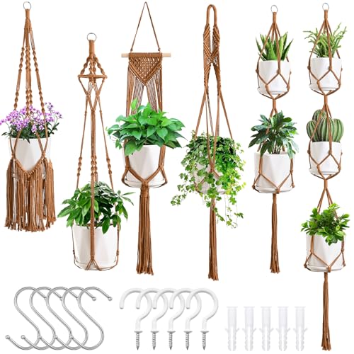 SFENNGPET Macrame Plant Hangers, 6Pack Hanging Planters for Indoor Plants - color: Caramel