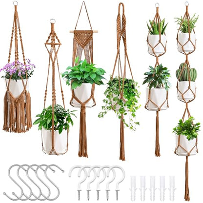 SFENNGPET Macrame Plant Hangers, 6Pack Hanging Planters for Indoor Plants - color: Caramel