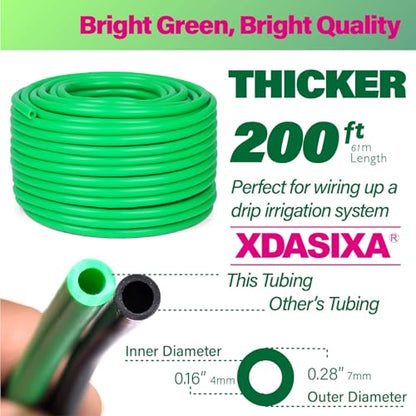 1/4" Drip Irrigation Tubing 200ft, Flexible UV-Resistant Garden Hose for DIY Irrigation Systems, Hydroponics, Greenhouse & Outdoor Watering, Lightweight Misting Tubing (Green) - size: 200 FT