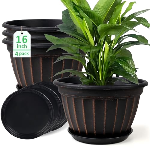 4 Pack 16 inch Plant Pots, Retro Vertical Stripe Flower Pots Outdoor - color: Black, size: 16 inch-4 pack