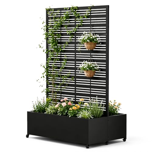 Double Metal Planter Box with Trellis Privacy Screen, Raised Garden Bed with Trellis & Wheels, Privacy Planters for Patio, Planter Box for Climbing Plants, Flower, 73"x 47"x 30", Black Line - color: Black line, size: 73"x 47"x 30"
