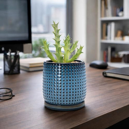 D'vine Dev Beaded Ceramic Pot with Saucer, 4 in, Ocean Teal, 27-C-Z-8 - color: Ocean Teal, size: 4.3 Inch