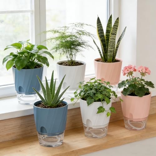 Self Watering Plant Pots 4.7 Inch, 6 Pack Plastic Indoor Planters Pots - color: White, Pink, Blue, size: 4.7 Inch Set of 6