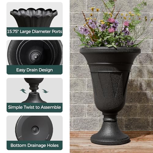 Tall Plastic Urn Planters and Pedestal - 24" Outdoor Planter Black - color: Black-trophy