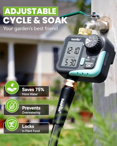 RAINPOINT Sprinkler Timer for Garden Hose - Hose Timer with Cycle & Soak/Rain Delay/Automatic Watering/Manual Watering, Programmable Irrigation System with Large Display for Lawn, Yard, Brass Inlet - color: Mint Green