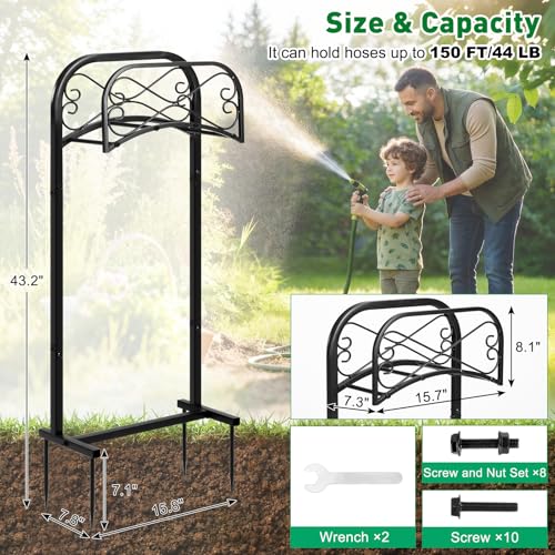 Gtongoko Garden Hose Holder for Outside 43" Heavy Duty Freestanding Water Hose Holder with 4 Stable Spikes Metal Hose Stand Holds Up to 150FT Hose & 44LB Detachable Hose Storage for Yard Lawn Patio - size: 43 Inch