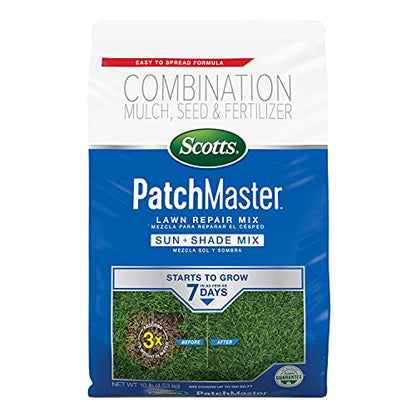 Scotts PatchMaster Lawn Repair Mix Sun and Shade Mix - 10 lb, All-in-One Bare Spot Repair, Feeds for Up to 6 Weeks, Fast Growth and Thick Results, Covers Up to 290 sq. ft. - size: 10 lb