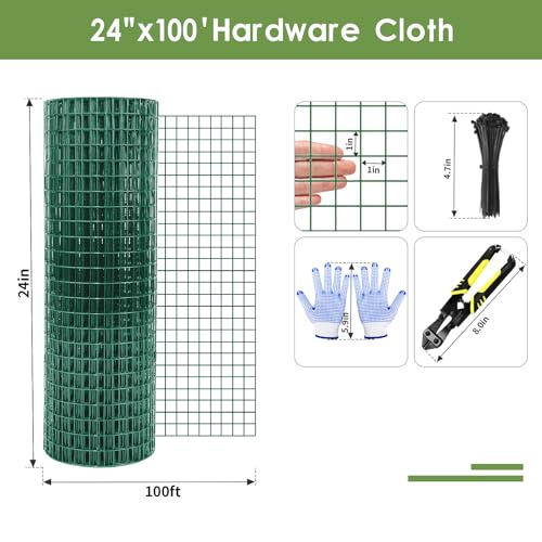 Tongmo 24" x 100' Green Hardware Cloth, 1inch Mesh Chicken Wire Fence, 19 Gauge Vinyl Coated Wire and Welded Wire Roll,Garden Fence, Poultry Netting for Rabbit/Duck/Chicken Coop