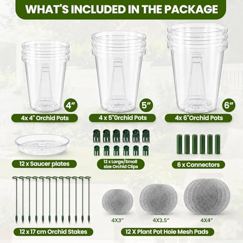 12 Pack Clear Plastic Orchid Pots with Holes, 4 5 6 Inch Set