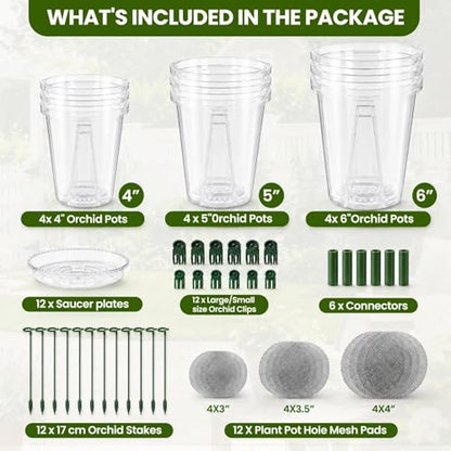 12 Pack Clear Plastic Orchid Pots with Holes, 4 5 6 Inch Set