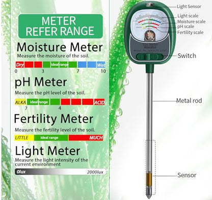 Soil Test Kit, 4-in-1 Soil Moisture Meter/Light/Fertility/Soil PH Meter for Gardening, No Need Battery Soil Tester for Indoor&Outdoor Garden,Farm,Lawn -GrassGreen