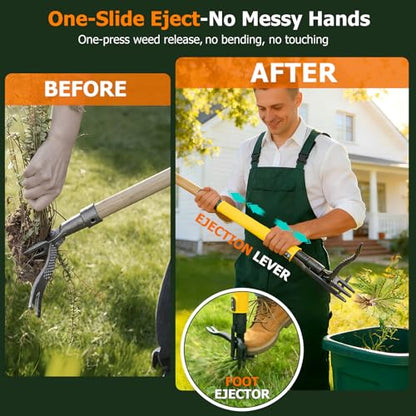 Weed Puller Tool Stand Up with Slide-Release Ejection, Reinforced Steel Weeder with 3-Section Long Handle, No-Touch Cleaning for Lawn & Garden, Heavy Duty No Bend Weeding Tool for Dandelions, Thistles