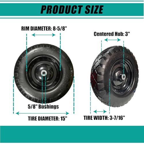 4.00-8 Solid Tire, 15" Heavy-Duty PU Wheelbarrow Replacement, Flat-Free Puncture Proof for Utility Carts & Garden Wagons, 5/8" Bushing, 2-Pack - size: 15"/4.00-8.