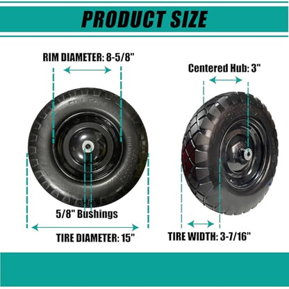 4.00-8 Solid Tire, 15" Heavy-Duty PU Wheelbarrow Replacement, Flat-Free Puncture Proof for Utility Carts & Garden Wagons, 5/8" Bushing, 2-Pack - size: 15"/4.00-8.
