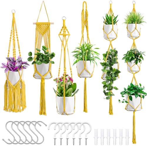 SFENNGPET Macrame Plant Hangers, 6Pack Hanging Planters for Indoor Plants - color: Yellow