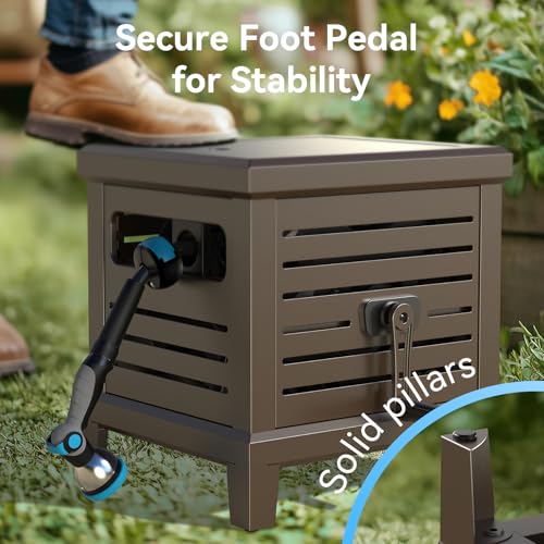 Relhost Hose Reel, Heavy Duty Metal Deck Box Hideaway Holds 125 ft x 5/8" Hose, Garden Hose Reel with Never-Leak System, Manual Crank Handle, Hose Guide, Ideal for Yards, Patios, and Garden Sheds - color: Brown, size: 125FT
