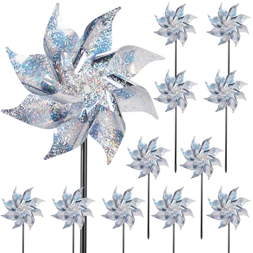 Hausse 12 Pack Reflective Pinwheels with Stakes (Pre-Assembled), Extra Sparkly Pin Wheel for Garden Decor, Bird Repellent Devices Deterrent to Scare Birds Away from Yard Patio Farm, Silver - color: Silver