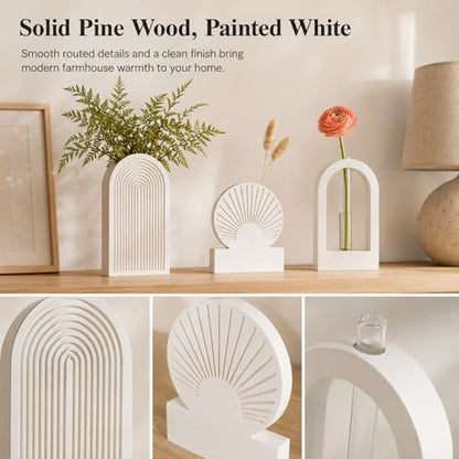 TBWIND White Wooden Wall Vases Set of 3, Wall Planters with Glass Tube Kit - color: White