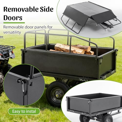 KEIKI 600 lb Garden Dump Cart with Tow Hitch, 17 Cu Ft Heavy Duty Steel Utility Trailer, Dual Dumping Lawn Cart with 16" Tires for ATV UTV Tractor Yard Hauling - color: Black