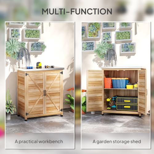 Outsunny Outdoor Storage Cabinet with Metal Tabletop Shelves Natural Wood - color: Natural Wood