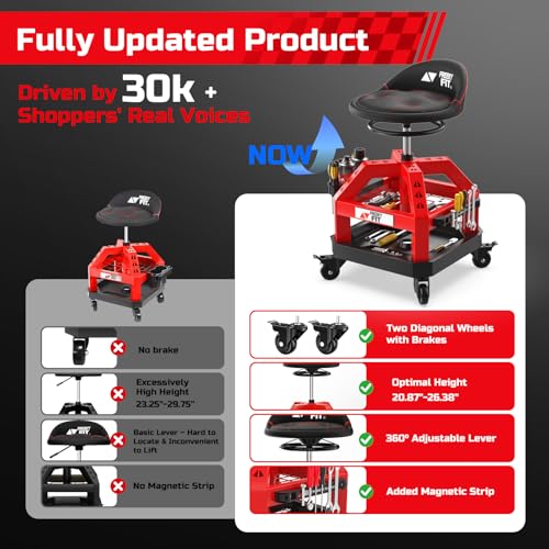 Rolling Shop Stool for Garage with Casters, DO02-Adjustable Height 360° Swivel Shop Seat with Tool Tray Storage, 330 LBS Capacity Padded Mechanic Stool, Magnetic Tool Hold, Heavy Duty, Red - color: Red With Magnetic Tool Hold