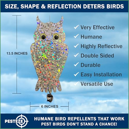 PESTEZE USA Owl Bird Deterrent Reflective Hanging Decoy Repellent with Bell, 4 Pack 6 x 13.5 in Shiny Scare Device Keep Birds Away Outdoor Porch Garden Yard Patio Protect Property