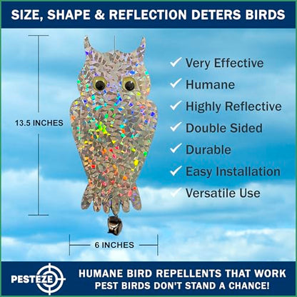 PESTEZE USA Owl Bird Deterrent Reflective Hanging Decoy Repellent with Bell, 4 Pack 6 x 13.5 in Shiny Scare Device Keep Birds Away Outdoor Porch Garden Yard Patio Protect Property