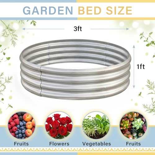 Land Guard 3×3×1ft Galvanized Raised Garden Bed Kit, Round Galvanized Planter Raised Garden Boxes Outdoor, Large Metal Raised Garden Beds for Vegetables, Silver - color: 1-silver, size: 3×3×1ft