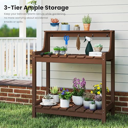 Domi 3-Tier Potting Benches for Outside, HDPE Outdoor Potting Table, Brown - color: Brown