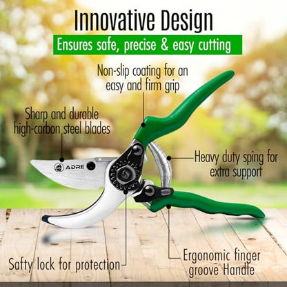 Adre Bypass Garden Pruning Shears – 8-inch Professional Pruning Shears for Gardening – High Carbon Steel Garden Clippers with Non-Slip Handles – Sharp Hand Pruners for Small Branches, Pruning Trimming