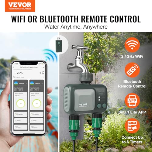 VEVOR Sprinkler Timer WiFi Water Timer, 2 Outlets, Smart Hose Faucet Water Timer with Brass Inlet, APP Remote Control via 2.4Ghz WiFi or Bluetooth, Voice Control, IPX6 for Garden, Yard Watering - style: 2 Outlet with WiFi/Bluetooth.