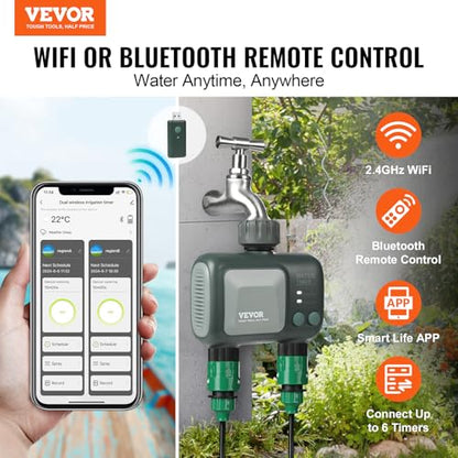 VEVOR Sprinkler Timer WiFi Water Timer, 2 Outlets, Smart Hose Faucet Water Timer with Brass Inlet, APP Remote Control via 2.4Ghz WiFi or Bluetooth, Voice Control, IPX6 for Garden, Yard Watering - style: 2 Outlet with WiFi/Bluetooth.