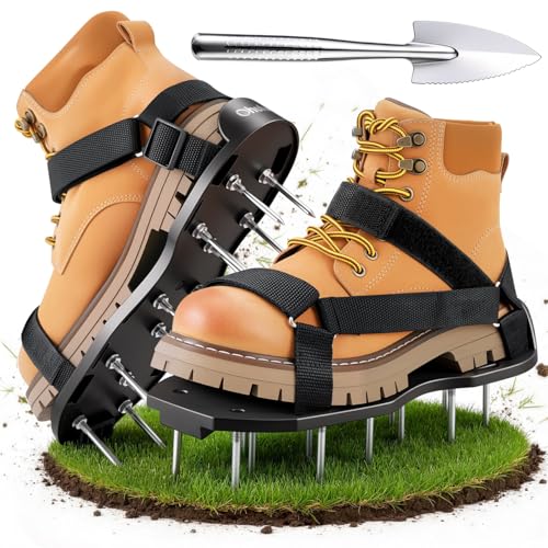 Ohuhu Lawn Aerator Shoes with Stainless Steel Shovel, Free-Installation Aerating Shoe with Hook&Loop Straps, Heavy Duty One-Size-Fits-All Spiked Aerating Sandals for Garden Grass - color: Black