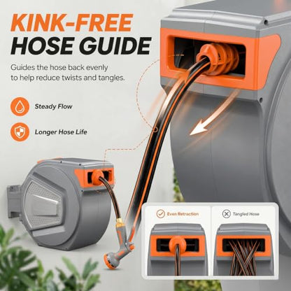Retractable Garden Hose Reel, 150FT Wall Mounted Auto Rewind Water Hose Reel with 180° Swivel Bracket, Any Length Lock, Kink-Free Hose Guide, Multi-Pattern Spray Nozzle for Yard, Lawn & Outdoor - size: 150 FT