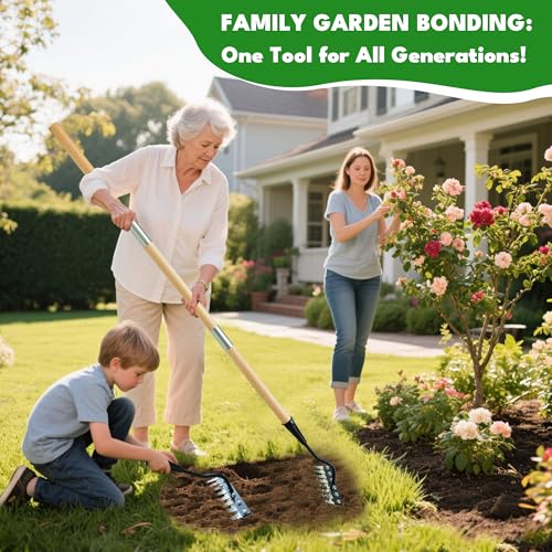 Iron Weeding Rake with Long Handle, 8-Tine Heavy Duty Garden Tool for Lawn - color: Black