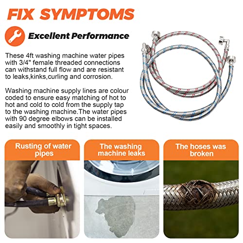 【UPGRADED】4FT Stainless Steel Washer Hoses with 90 Degree Elbows by Beaquicy - 2 Pack No-Lead Burst Proof Hot & Cold Water Connection Inlet Washer Supply Lines - size: 4 Feet