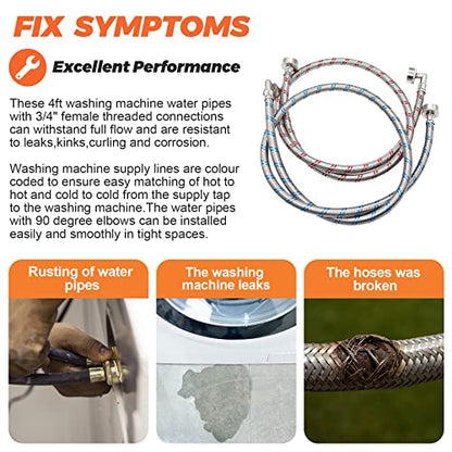 【UPGRADED】4FT Stainless Steel Washer Hoses with 90 Degree Elbows by Beaquicy - 2 Pack No-Lead Burst Proof Hot & Cold Water Connection Inlet Washer Supply Lines - size: 4 Feet