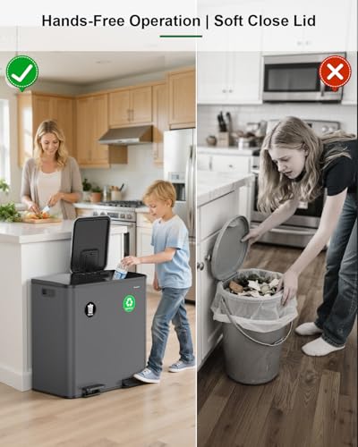 Lovewind 2×11.5 Gallon Dual Trash Can, Stainless Steel Dual Garbage and Recycling Can with Foot Pedal, 90° Stay-Open Lid, Pet-Proof Design – Large Dual Compartment Trash Recycling Bins Kitchen, Grey - color: Grey, size: 23 Gallon