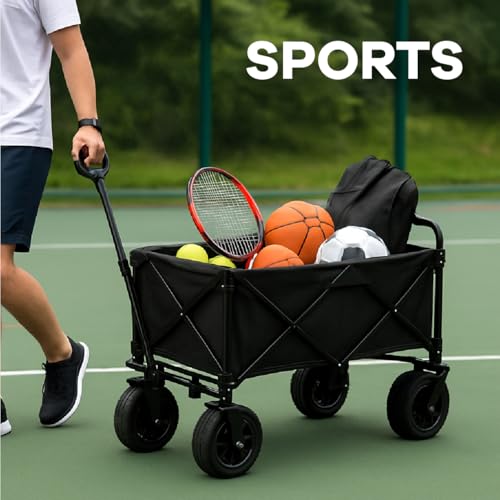 Collapsible Utility Wagon Cart, Heavy Duty Folding Garden Cart with Wheels, Black Steel Frame, 150 L Capacity - 330 LB Capacity
