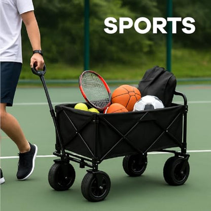 Collapsible Utility Wagon Cart, Heavy Duty Folding Garden Cart with Wheels, Black Steel Frame, 150 L Capacity - 330 LB Capacity