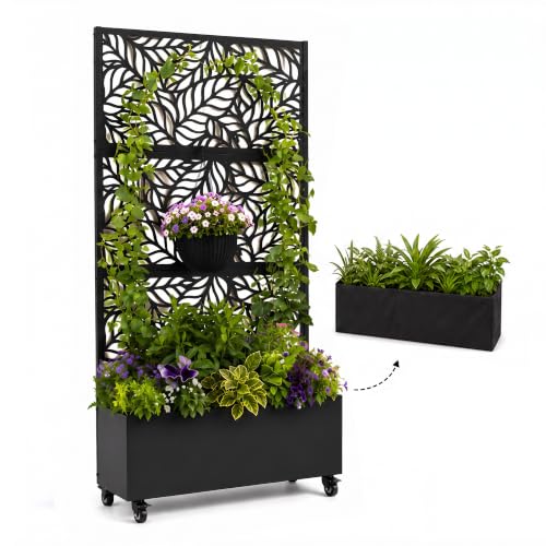 Metal Planter Box with Privacy Screen Trellis & Wheels, 73"x35"x15.6"