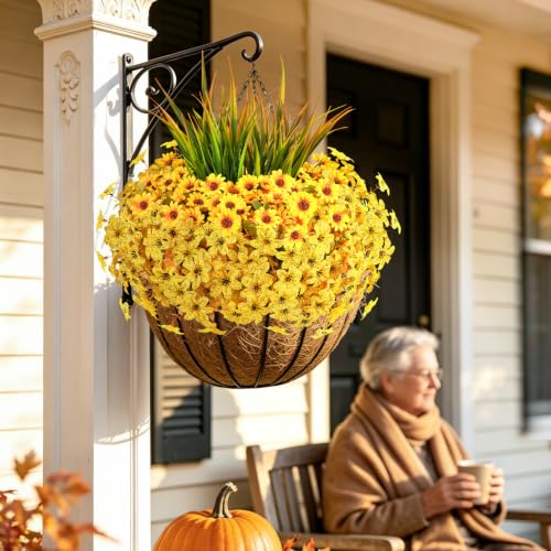 18PCS Artificial Fall Flowers Outdoors, UV Resistant Fake Mums with Grass - color: Yellow Daisies & Violets & Grass