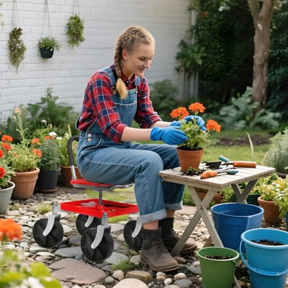 Garden Cart with Seat and Wheels, Red - color: Red