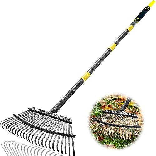 6FT Heavy Duty Garden Rake - 25 Metal Tines, 18.5" Wide Adjustable Steel Handle for Leaves/Lawns/Yards