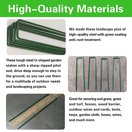 Bakulyor 100Pcs Green Landscape Staples 6 Inch Garden Artificial Turf Stakes Staples, 11 Gauge Lawn Galvanized Ground Fabric Pins for Weed Barrier Sod Decorations Holding Fence and Irrigation Tubing