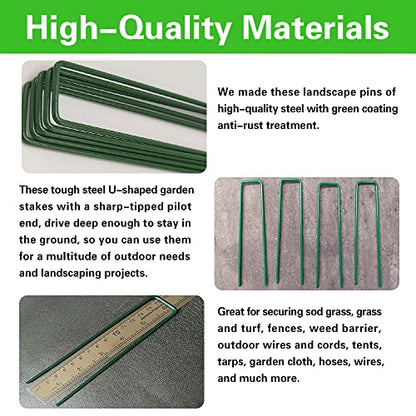 Bakulyor 100Pcs Green Landscape Staples 6 Inch Garden Artificial Turf Stakes Staples, 11 Gauge Lawn Galvanized Ground Fabric Pins for Weed Barrier Sod Decorations Holding Fence and Irrigation Tubing