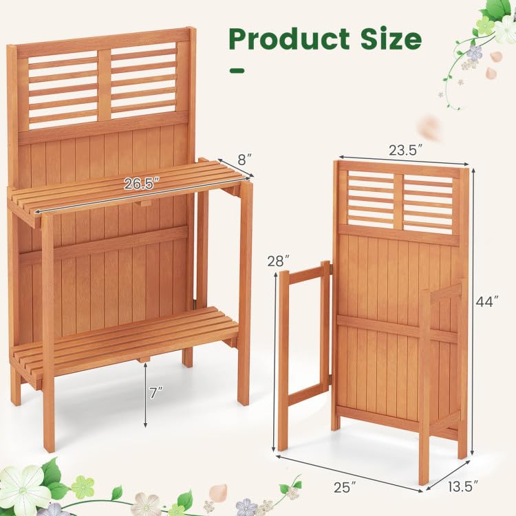 25x13.5x44in Foldable Potting Bench 2-Tier Shelves Teak Oil Wood for Garden Balcony Yard