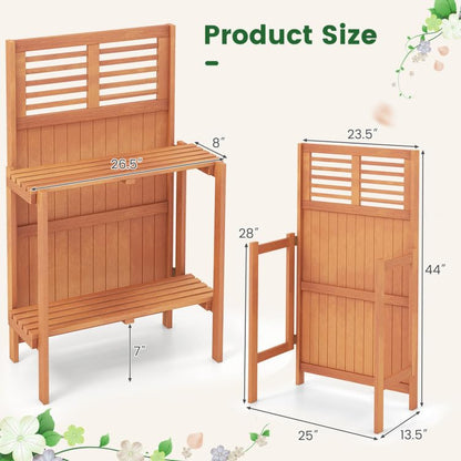 25x13.5x44in Foldable Potting Bench 2-Tier Shelves Teak Oil Wood for Garden Balcony Yard