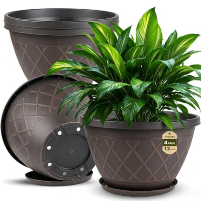 4 Pack 12 Inch Pots for Plants, Plastic Flower Pots with Faux-fence Texture - color: Plaid Pattern-brown, size: 12 Inch - 4Pack