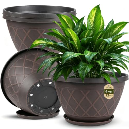 4 Pack 12 Inch Pots for Plants, Plastic Flower Pots with Faux-fence Texture - color: Plaid Pattern-brown, size: 12 Inch - 4Pack